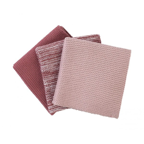 Komplekt 3 roosa kootud puuvillast nõudepesu rätikut, 25 x 25 cm - Blomus