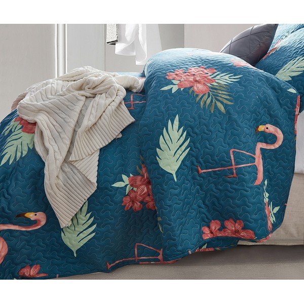 Modrý přehoz z mikroperkálu se dvěma povlaky na polštář Sleeptime Flamingo, 250 x 260 cm-image-1