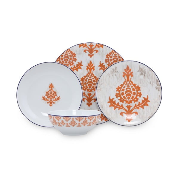 24-osaline valge ja oranž portselanist lauanõude komplekt Ornamentide komplekt - Kütahya Porselen