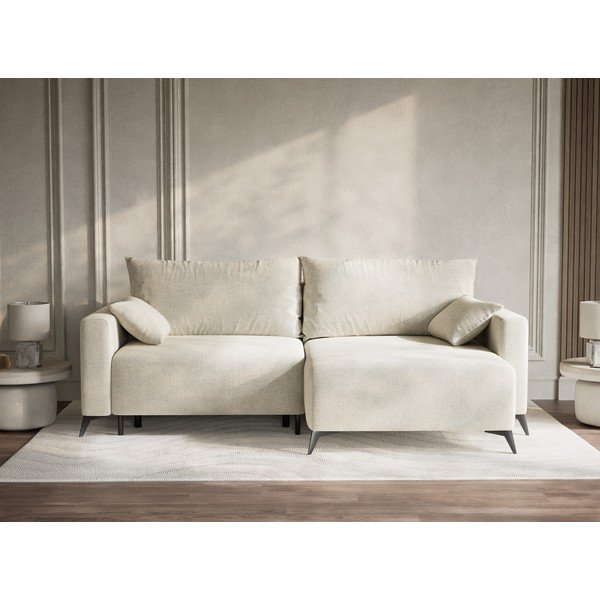 Kreemjas šenilldiivanvoodi/panipaigaga nurgadiivan (parem nurk/diivanvoodiga) Leon - Maison de Rêve-image-1