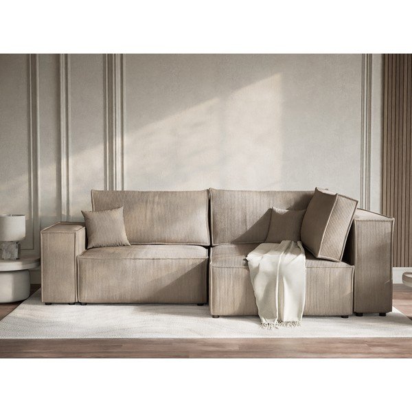 Beež velvetist diivanvoodi/panipaigaga nurgadiivan (parempoolne/L-kujuline) Tonga - Maison de Rêve-image-1