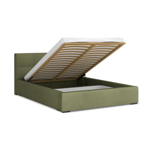 Roheline sametist polsterdatud kaheinimesevoodi panipaigaga, koos liistudega 140x200 cm Hiko – Makamii-image-1