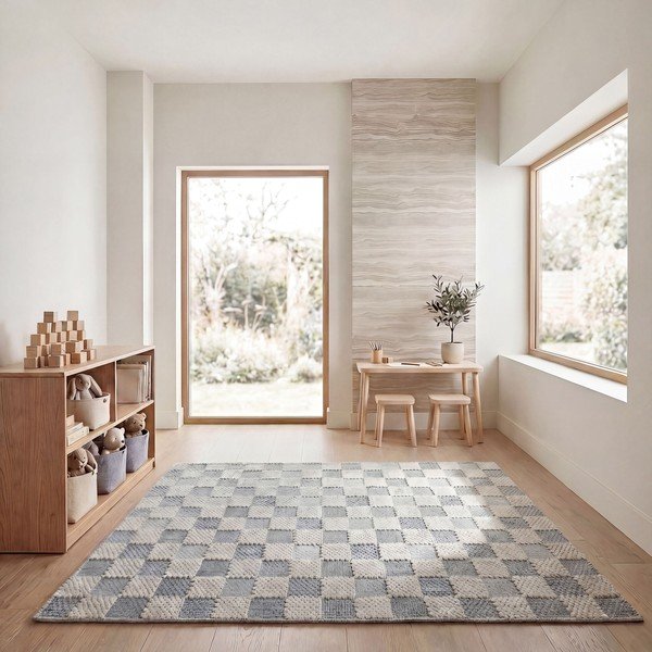 Sinine pestav puuvillasegu vaip 155x230 cm Muted Checkerboard - Flair Rugs-image-3