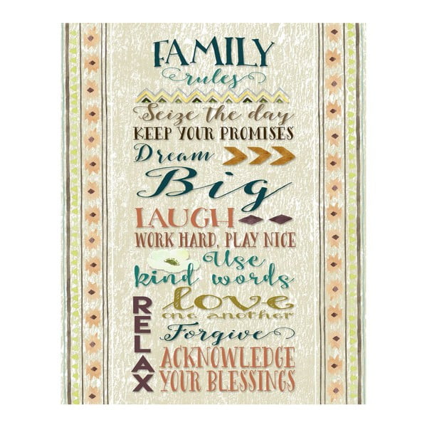 Plakát v dřevěném rámu Family rules, 38x28 cm