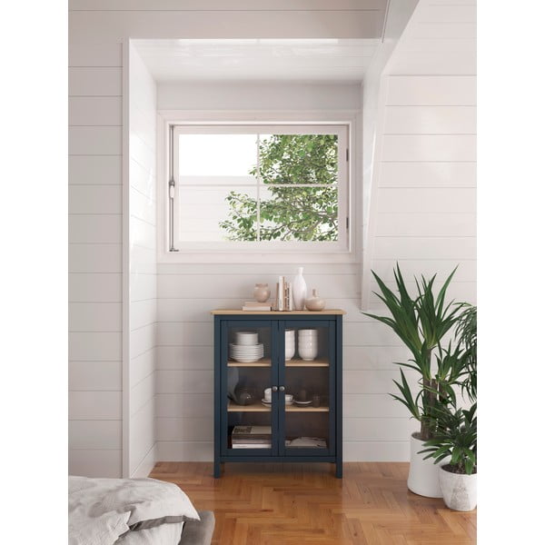 Tumesinine/loomulik männipuidust vitriinkapp 90x110 cm Misti - Marckeric-image-1