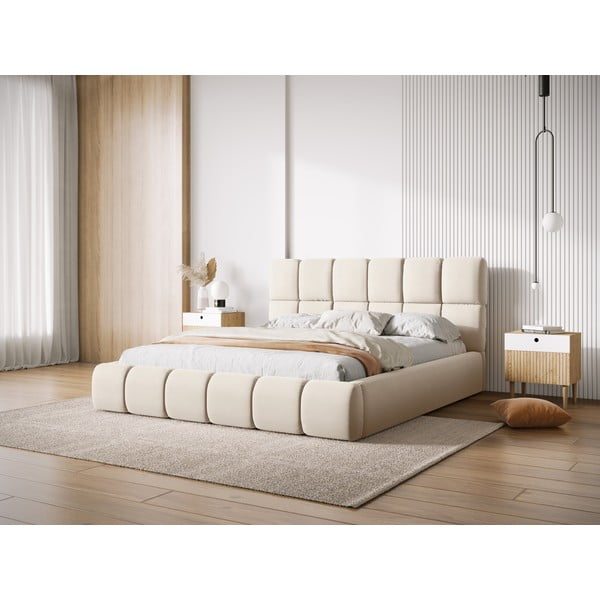 Kreem polsterdatud sametist kaheinimesevoodi koos voodipõhja ja panipaigaga 140x200 cm Bellis - Micadoni-image-1