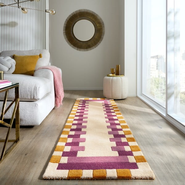 Kollane-roosa käsitsi kootud villane koridorivaip 60x230 cm Kai Wool Border - Flair Rugs-image-1