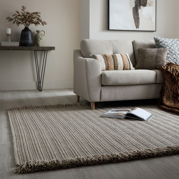 Hall käsitsi kootud villasegu vaip 200x290 cm Rene Fringed Ribbed - Flair Rugs-image-1