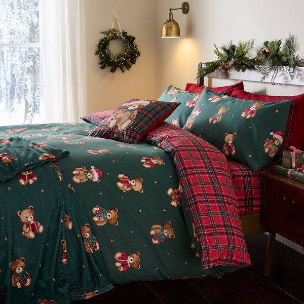 Punane/tumeroheline üheinimesevoodipesu 150x120 cm Christmas Tartan Teddy Bear - Catherine Lansfield-image-4