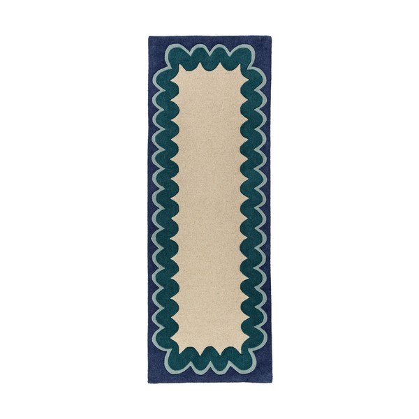 Käsitsi kootud villane jooksja naturaalses värvitoonis/rohekassinises värvitoonis 80x230 cm Wiggle Wool - Flair Rugs