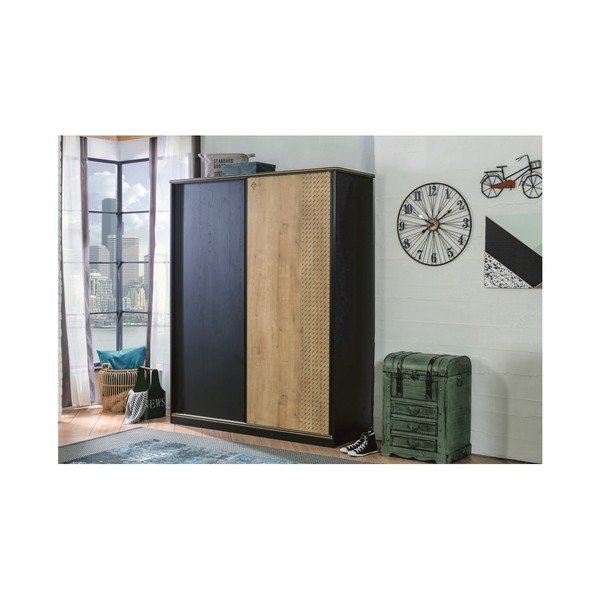 Černá šatní skříň s dveřmi v přírodní barvě Black Sliding Wardrobe-image-4