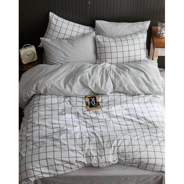 Valge 4-osaline pikendatud voodipesu kaheinimesevoodile koos linaga 200x220 cm Geometric - Mila Home-image-1