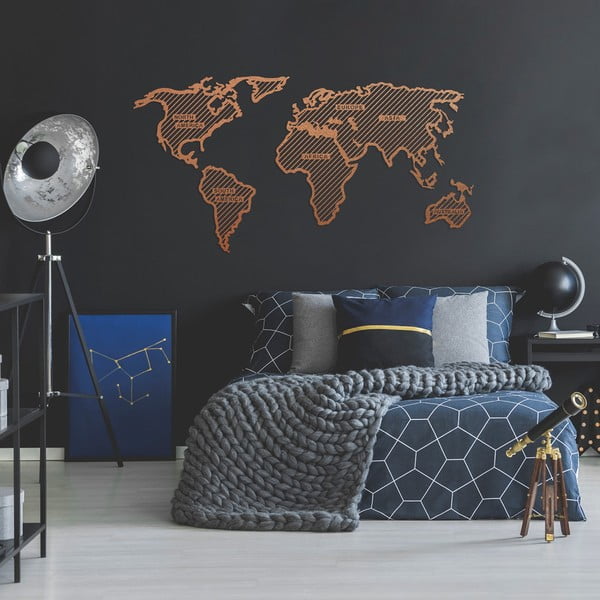 Kovová nástěnná dekorace v měděné barvě World Map In The Stripes, 120 x 65 cm