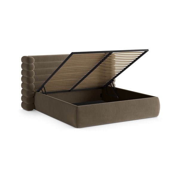 Taupe polsterdatud kaheinimesevoodi koos panipaiga ja voodipõhjaga 200x200 cm Mount - Micadoni-image-2