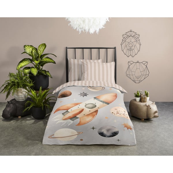 Hall-beež puuvillane laste voodipesu üheinimesevoodile 140x200 cm Explore - Good Morning-image-1