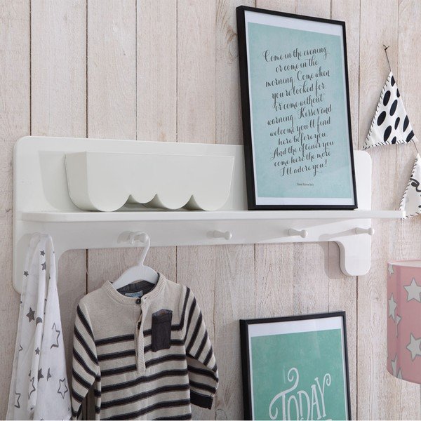 Valge seinale paigaldatav laste riidehoidja koos riiuliga Moon - Pinio-image-2