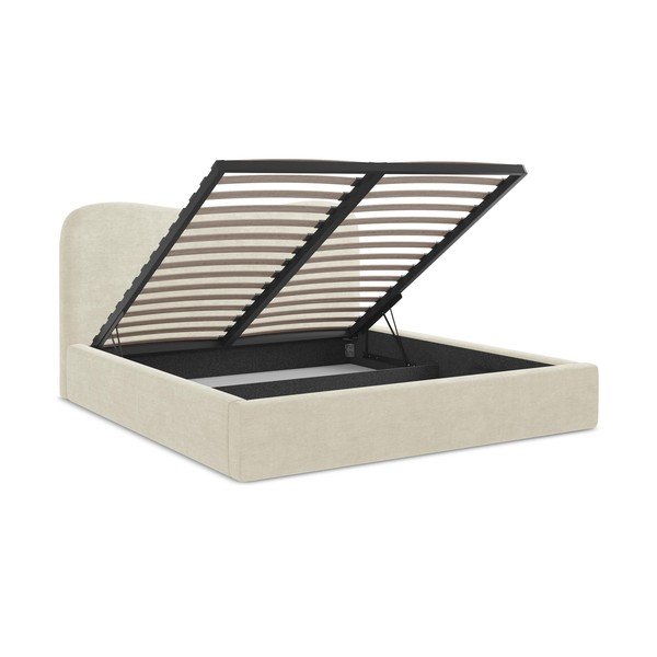 Beež polsterdatud kaheinimesevoodi panipaigaga ja liistudest raamiga 140x200 cm Kahai - Makamii-image-3