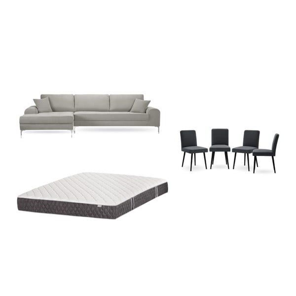 Set světle šedé pohovky s lenoškou vlevo, 4 antracitově šedých židlí a matrace 160 x 200 cm Home Essentials