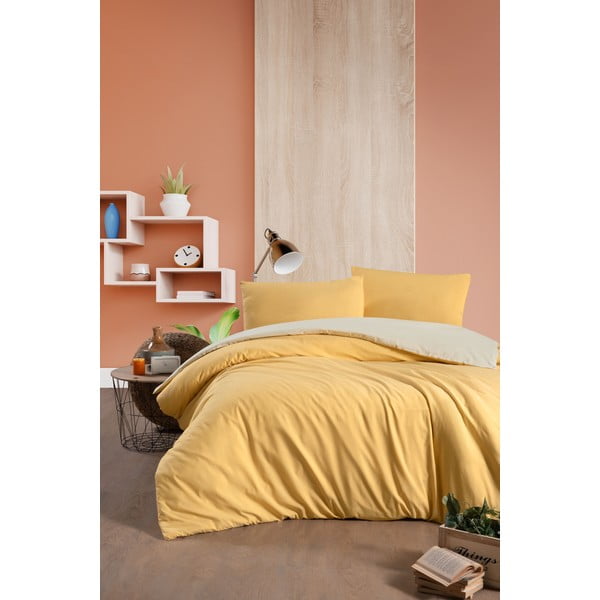 Kollane ja kreemikas puuvillane kahekohaline voodilina/ pikendatud voodilina 200x220 cm - Mila Home-image-1