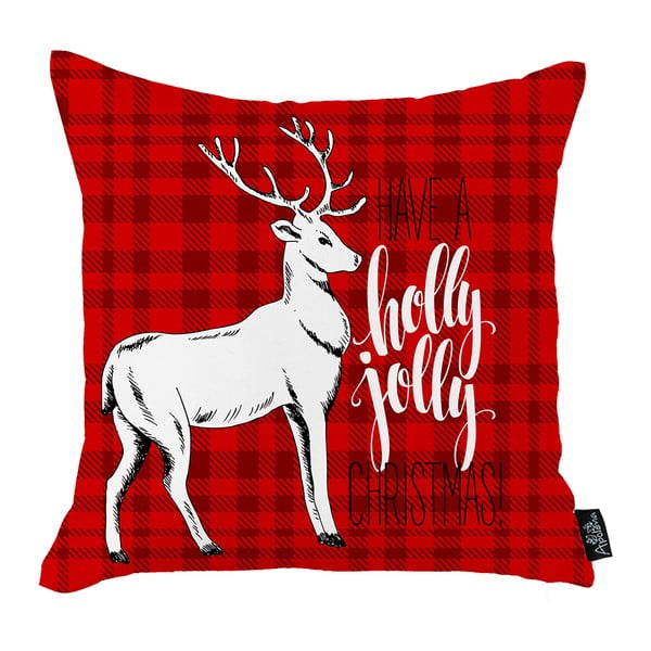 Červený vánoční povlak na polštář Mike & Co. NEW YORK Honey Christmas Deer Holly Jolly, 45 x 45 cm
