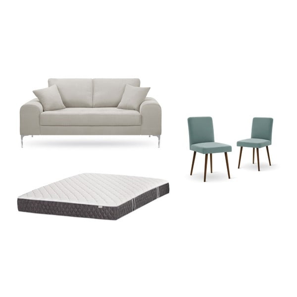 Set dvoumístné krémové pohovky, 2 šedozelených židlí a matrace 140 x 200 cm Home Essentials