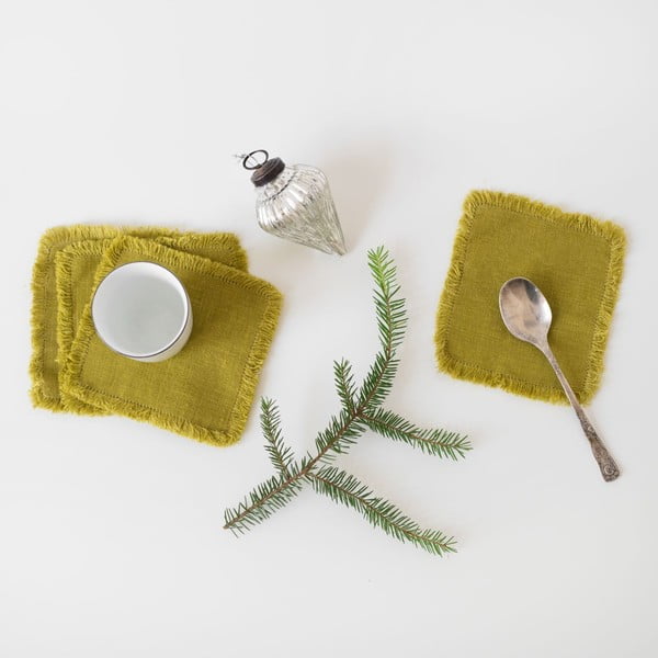 Rohelised linased klaasialused 4tk komplektis 10 x 10 cm Classic - Linen Tales-image-1