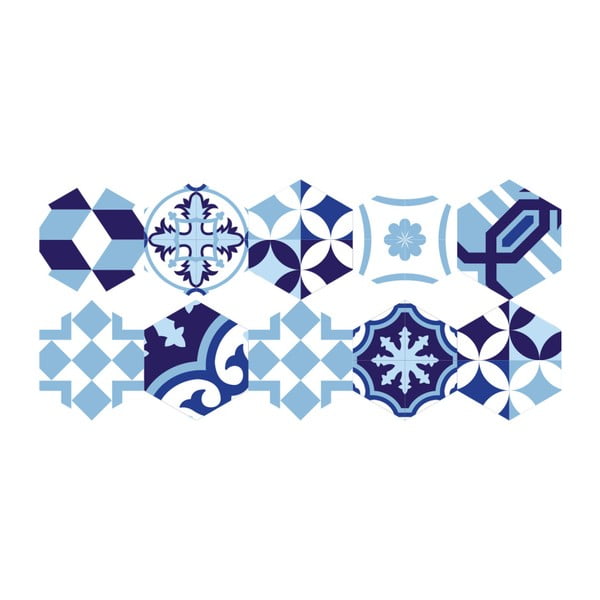 Sada 10 samolepek na podlahu Ambiance Floor Stickers Hexagons Emiliana Azul, 40 x 90 cm