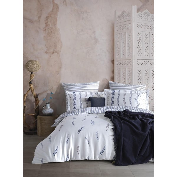 Valge/sinine satiin-puuvillast pikendatud voodipesu kaheinimesevoodile 240x220 cm Marseille Floral - Mila Home Luxury