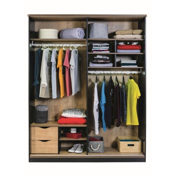 Černá šatní skříň s dveřmi v přírodní barvě Black Sliding Wardrobe-image-1