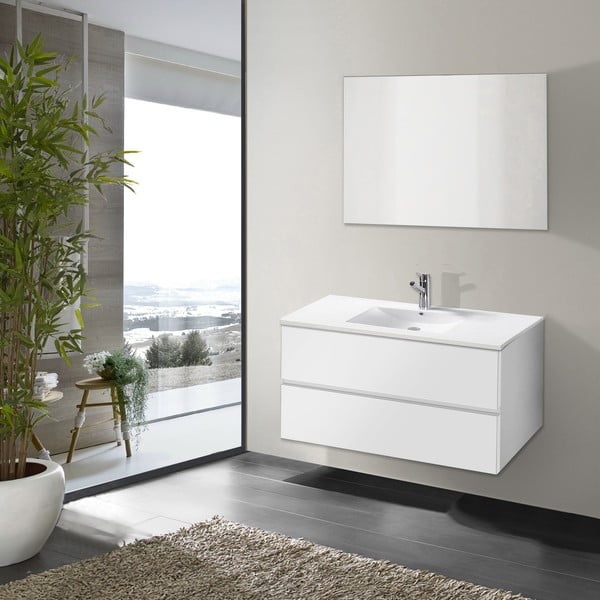 Koupelnová skříňka s umyvadlem a zrcadlem Flopy, odstín bílé, 90 cm