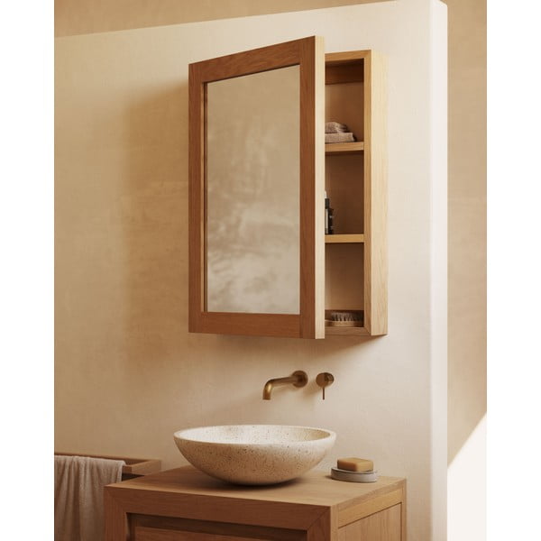 Rippuv tiikpuidust vannitoakapp koos peegliga 50x70 cm Plubia - Kave Home-image-1