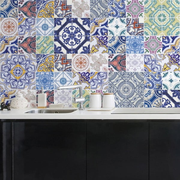 Sada 60 nástěnných samolepek Ambiance Wall Decals Tiles Stylish Multi Originals, 15 x 15 cm