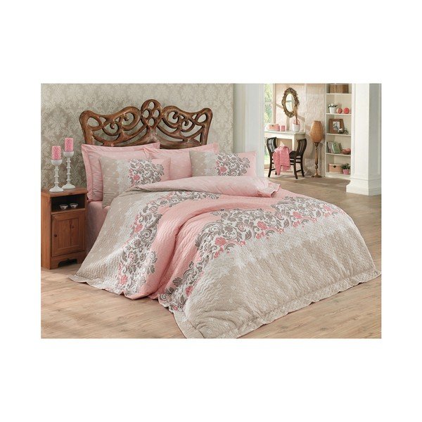 Set přehozu na dvoulůžko s prostěradlem a 2 povlaky na polštáře Megan Beige, 220 x 230 cm