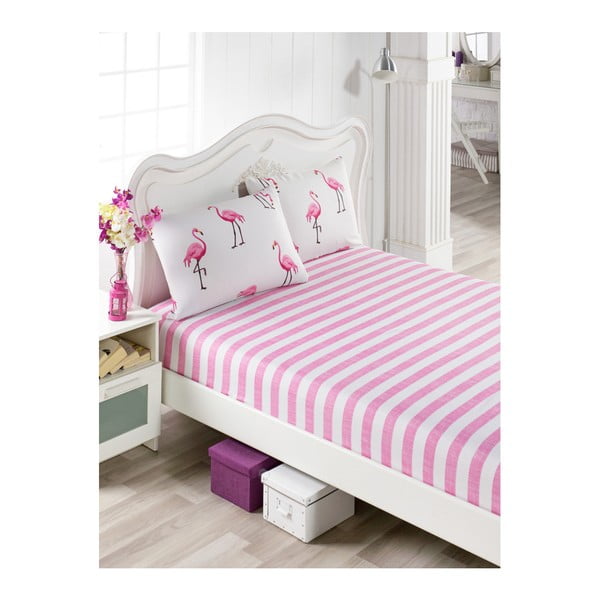 Komplekt puuvillast roosa voodilinade ja 1 padjapüür üheinimesevoodi jaoks Flamingod, 100 x 200 cm. - Mijolnir