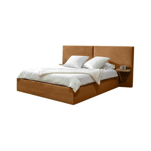 Kollane polsterdatud kaheinimese voodi, millel on riiulid 160x200 cm ja panipaik Blandine - Bobochic Paris
