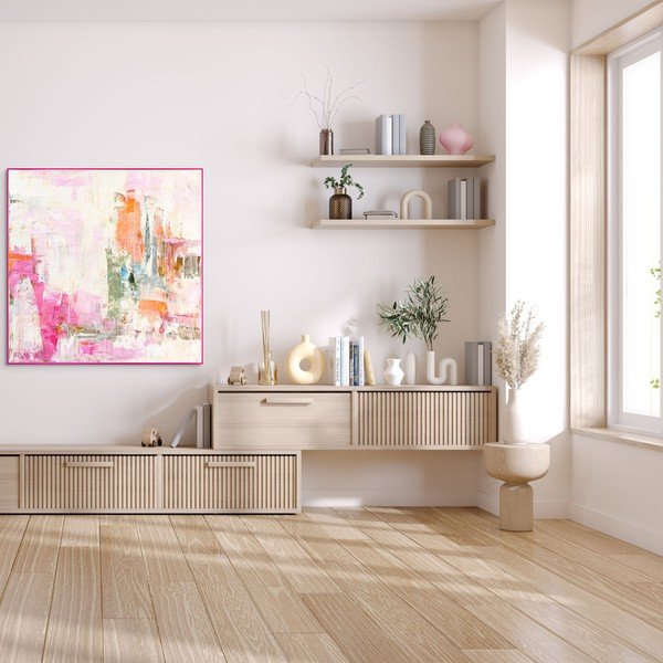 Trükitud/käsitsi maalitud elementidega pilt raamiga/lõuendil 102x102 cm New Age Pink - Malerifabrikken-image-1