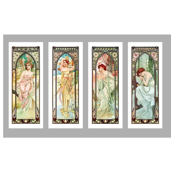 4 reproduktsiooni Alfons Mucha "Times of The Day", 40 x 100 cm, komplekt. Alfons Mucha - Times of The Day - Fedkolor
