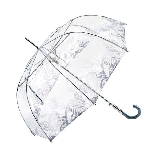 Transparentní holový deštník se šedými detaily Birdcage Tropical Leaves, ⌀ 86 cm