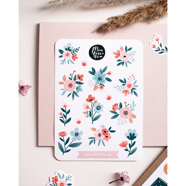 Lillede motiiviga vinüülkleebiste leht, 10,5 cm x 14,5 cm. - Printintin-image-1