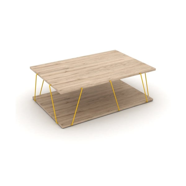 Konferenční stolek v dekoru dubového dřeva se žlutou kovovou konstrukcí Tars, 90 x 60 cm