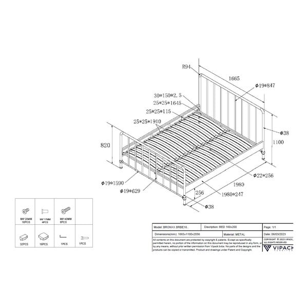Must metallist kaheinimesevoodi koos voodipõhjaga 160x200 cm BRONXX – Vipack-image-4