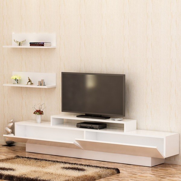 Set bílého TV stolku a 2 nástěnných polic Lucca TV White-image-3