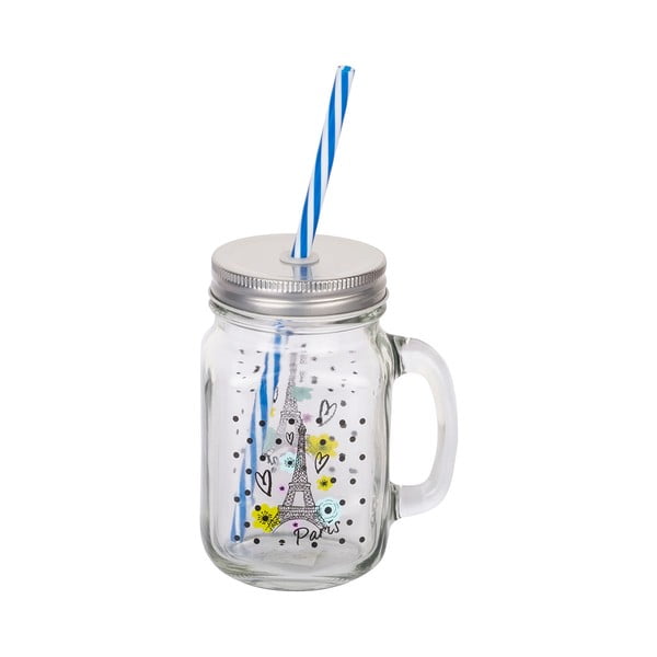 Skleněná mason jar s brčkem Tantitoni Paris, 475 ml