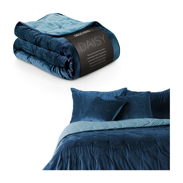 Modrý sametový přehoz na jednolůžko DecoKing Daisy, 210 x 170 cm-image-2