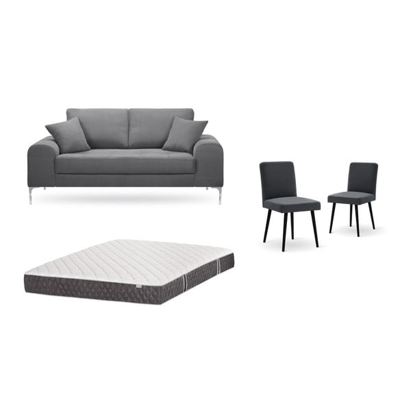 Set dvoumístné šedé pohovky, 2 antracitově šedých židlí a matrace 140 x 200 cm Home Essentials