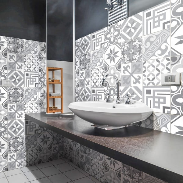 Sada 24 nástěnných samolepek Ambiance Wall Decal Cement Tiles Azulejos Micalina, 10 x 10 cm