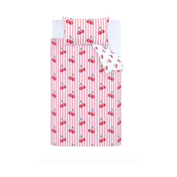 Valge/roosa voodipesu üheinimesevoodile 135x200 cm Disco Cherries Stripes - Catherine Lansfield