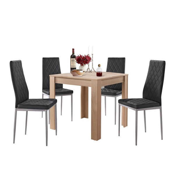 Set jídelního stolu v dubovém dekoru a 4 černých jídelních židlí Støraa Lori and Barak, 80 x 80 cm