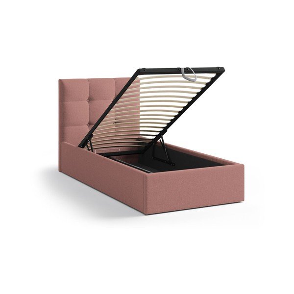 Roosa polsterdatud üheinimesevoodi koos panipaiga ja voodipõhjaga 90x200 cm Phaedra - Micadoni-image-1