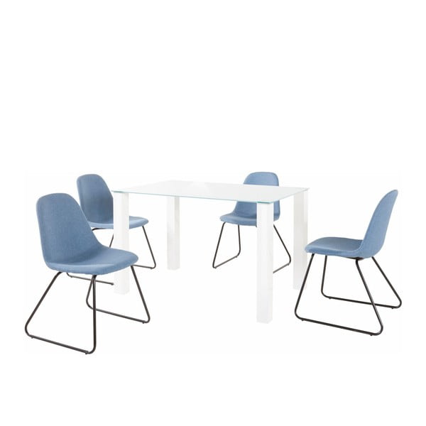 Set bílého jídelního stolu a 4 modrých jídelních židlí Støraa Dante Colombo